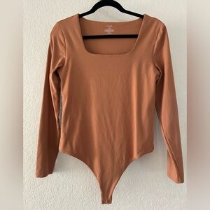 Nuuds Double Lined Square Neck Thong Bodysuit Light Terracotta Size L